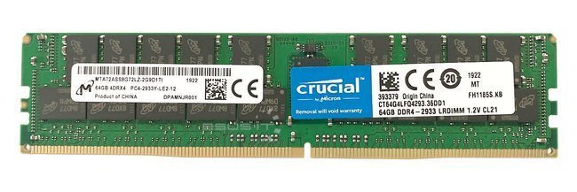 Memory RAM 1x 64GB Crucial ECC LOAD REDUCED DDR4 4Rx4 2933MHz PC4-23400 LRDIMM | CT64G4LFQ4293